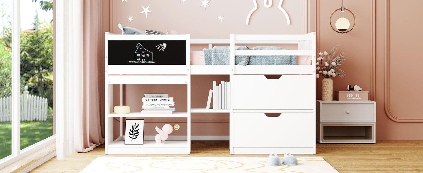 Twin Size Low Loft Bed with Rolling Desk, Shelf and Drawers - White