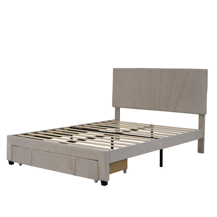 Queen SizeStorage Bed Velvet Upholstered Platform Bed with a Big Drawer - Beige