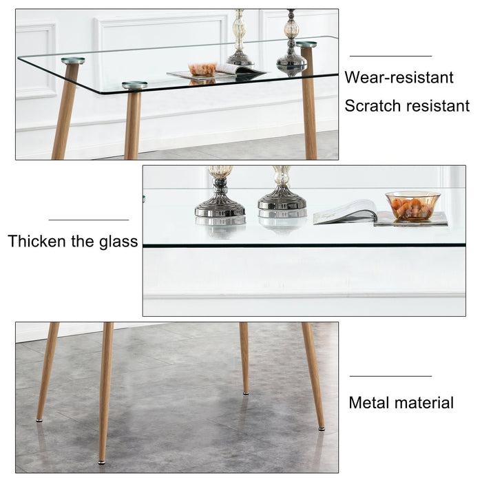 Modern Minimalist Rectangular Glass Dining Table for 4-6 with 0.31" Tempered Glass Tabletop and Wood color Coating Metal Legs, Writing Table Desk, for Kitchen Dining Living Room, 47" W x 31"D x 30" H