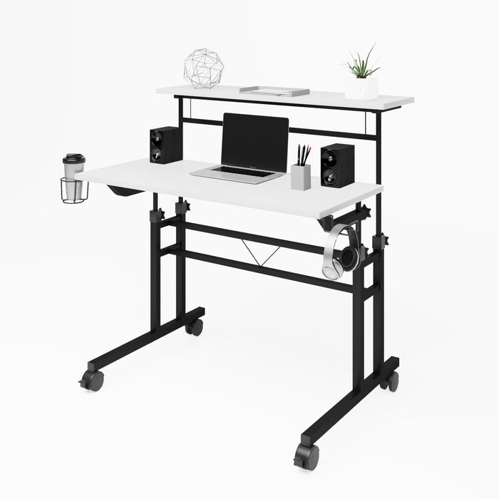 Techni Mobili Rolling Writing Desk with Height Adjustable Desktop and Moveable Shelf, White