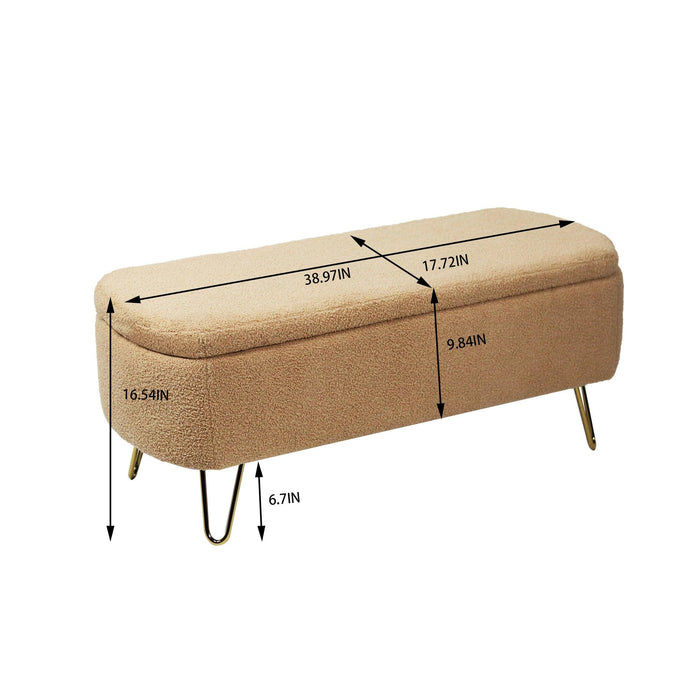 CamelStorage Ottoman Bench for End of Bed Gold Legs,Modern Camel Faux Fur Entryway Bench Upholstered Padded withStorage for Living Room Bedroom