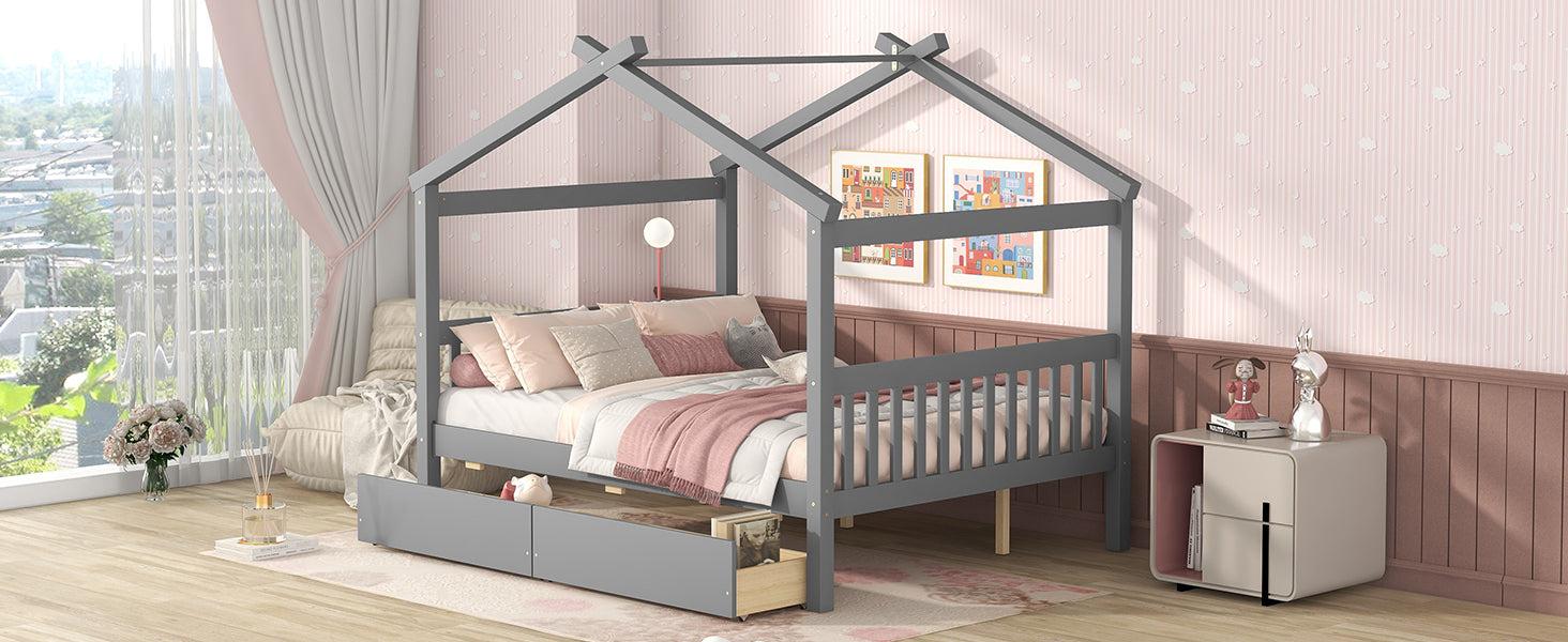 Full Size Wooden House Bed with Drawers, Gray