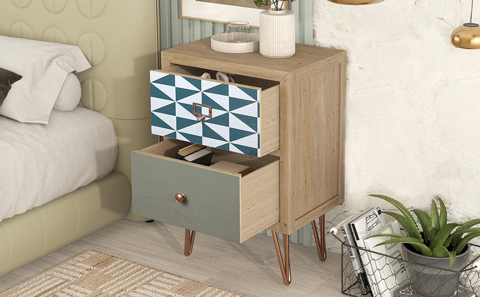 Wooden Nightstand with Two Drawer and Metal FeetModern Style Bedside Table (Natural)