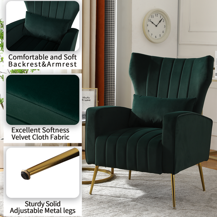 Velvet Accent Chair,Modern Living Room Armchair Comfy Upholstered Single Sofa Chair for Bedroom Dorms Reading Reception Room with Gold Legs & Small Pillow, Dark Green