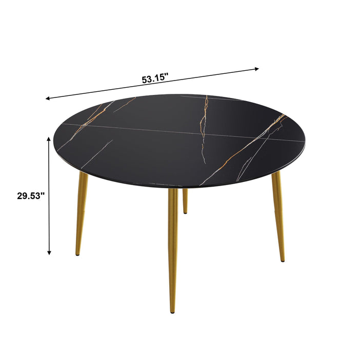 53.15 "Modern artificial stone black round dining table with golden metal legs-can accommodate 6 people.