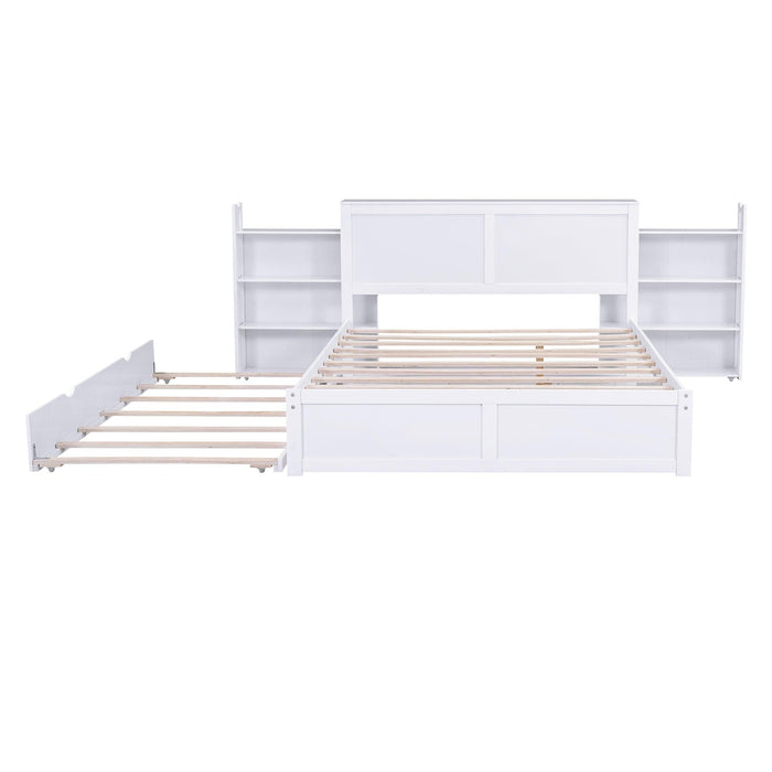 Queen SizeStorage Platform Bed with Pull Out Shelves and Twin Size Trundle, White