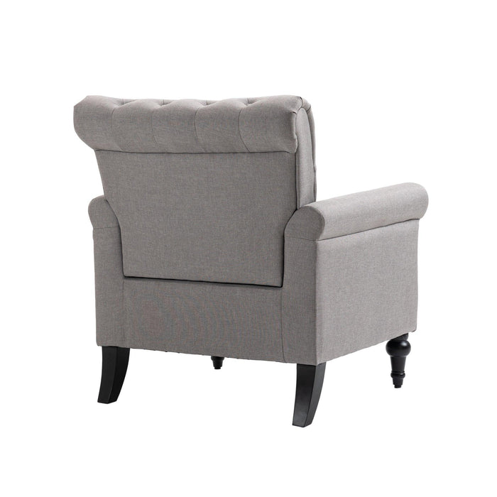 Mid-CenturyModern Accent Chair, Linen Armchair w/Tufted Back/Wood Legs, Upholstered Lounge Arm Chair Single Sofa for Living Room Bedroom, Light grey