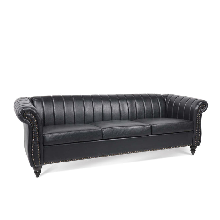 83.46'' Black PU Rolled Arm Chesterfield Three Seater Sofa.