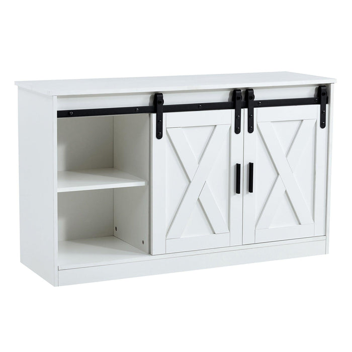 White decorative wooden TV /Storage cabinet with two sliding barn doors, available for bedroom, living room,corridor.