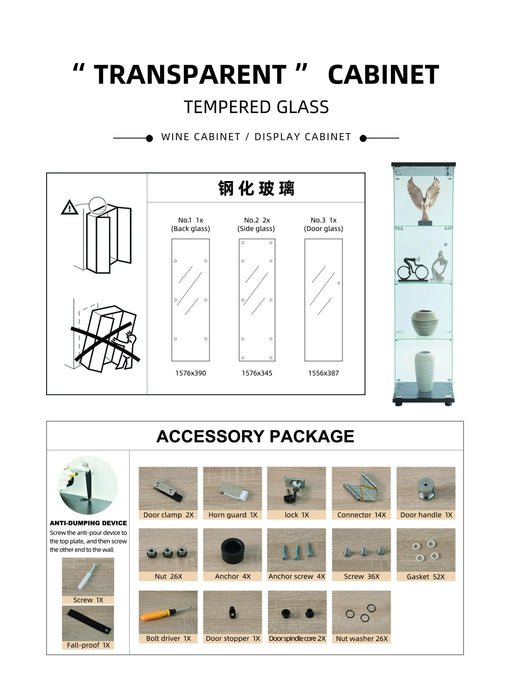 Glass Display Cabinet 4 Shelves with Door, Floor Standing Curio Bookshelf for Living Room Bedroom Office, 64.56” x 16.73”x 14.37”, White