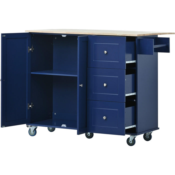 Rolling Mobile Kitchen Island with Drop Leaf - Solid Wood Top, Locking Wheels &Storage Cabinet 52.7 Inch Width（Dark blue）