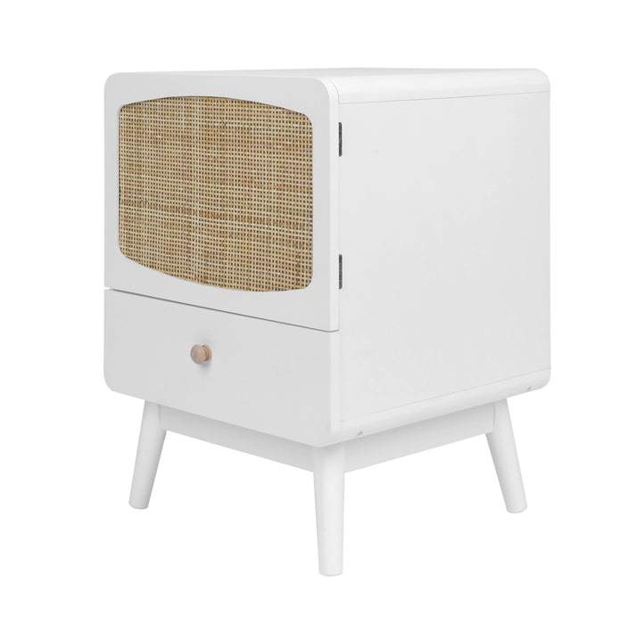 White Nightstand,  Bedside Table withStorage Drawe/ Rattan Door