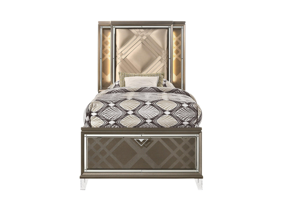 ACME Skylar Twin Bed w/Storage, LED, PU & Dark Champagne 25340T