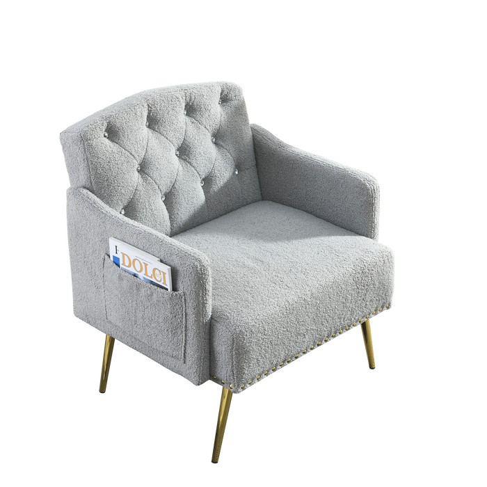 30 "WModern Chesterfield Tufted Upholstered Chair with Deep Buttons, Living Room Chair, Comfortable Armchair, Gold Hardware Legs, Tufted Chair for Reading or Relaxing, GREY TEDDY