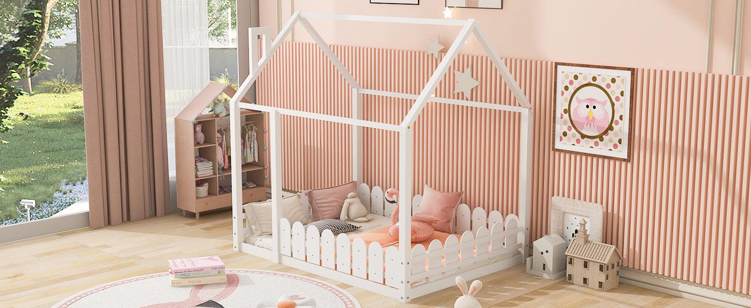 Full  Size Wood Bed House Bed Frame with Fence, for Kids, Teens, Girls, Boys (White )