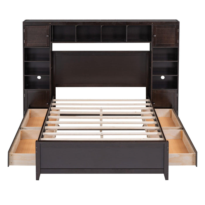 Full Size Wooden Bed With All-in-One Cabinet and Shelf, Espresso