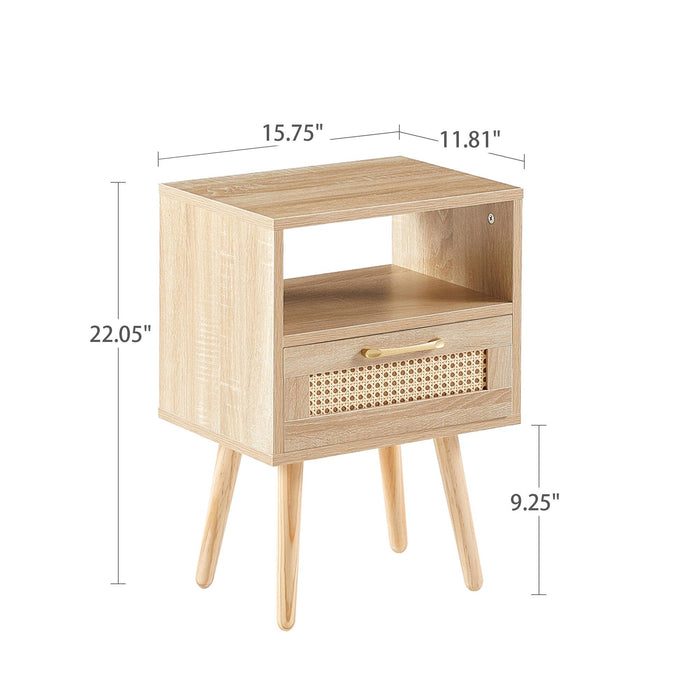 15.75" Rattan End table with  drawer and solid wood legs,Modern nightstand, side table for living roon, bedroom,natural