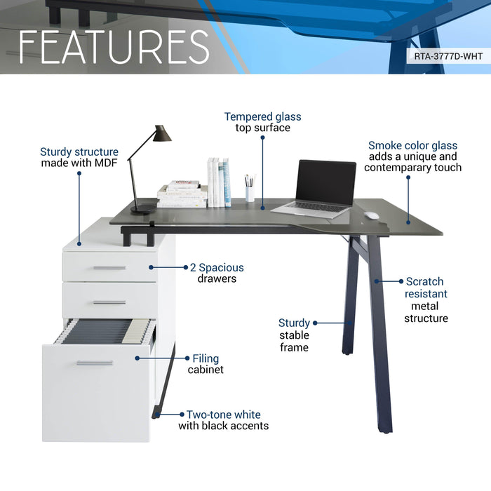 Techni MobiliModern Home Office Computer Desk with smoke tempered glass top &Storage - White