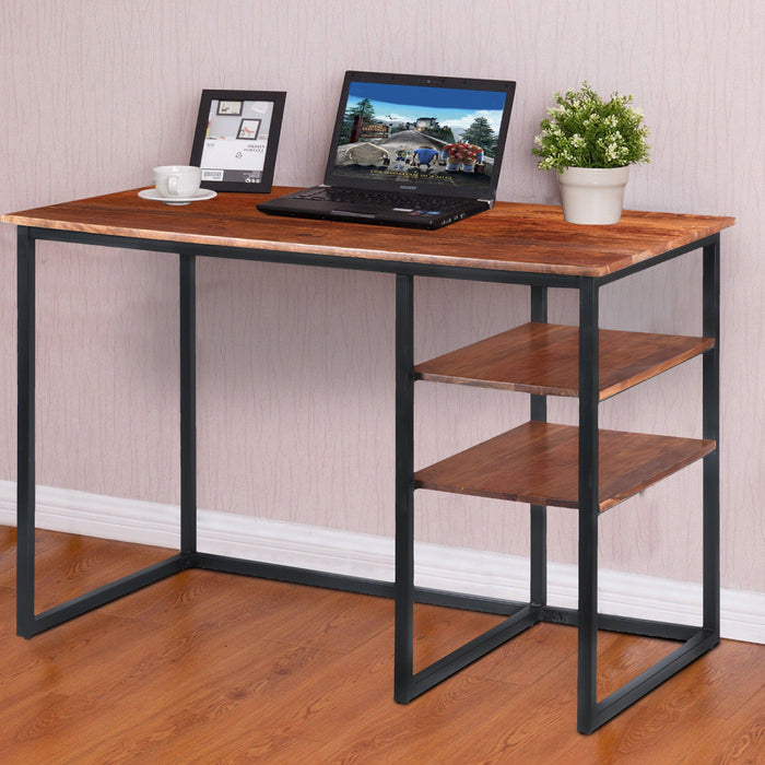 45 Inch Tubular Metal Frame Desk with Wooden Top and 2 Side Shelves, Brown and Black