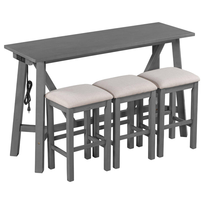 Multipurpose Home Kitchen Dining Bar Table Set with 3 Upholstered Stools(Gray)