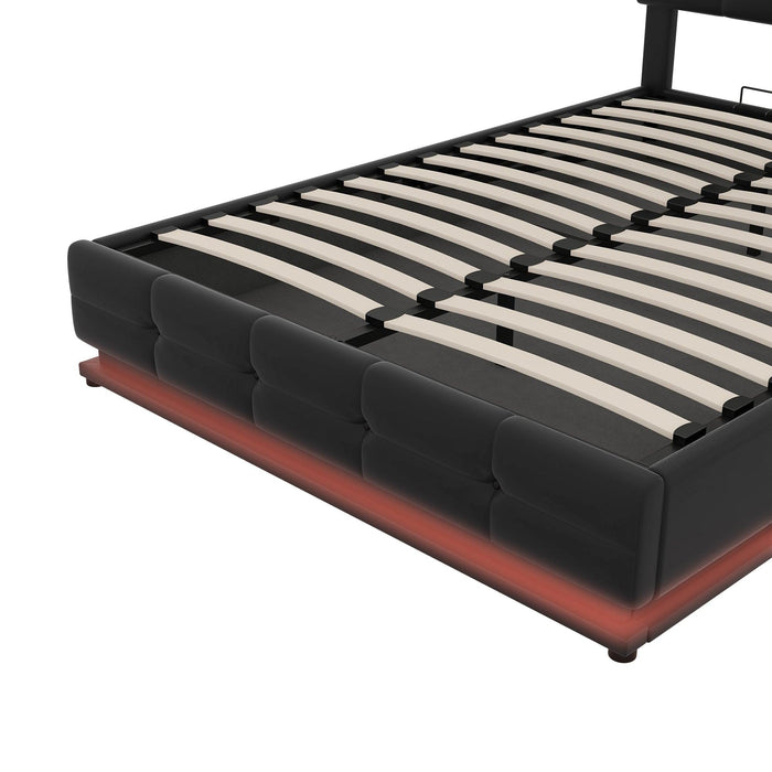 Full Size Tufted Upholstered Platform Bed with HydraulicStorage System,PUStorage Bed with LED Lights and USB charger, Black