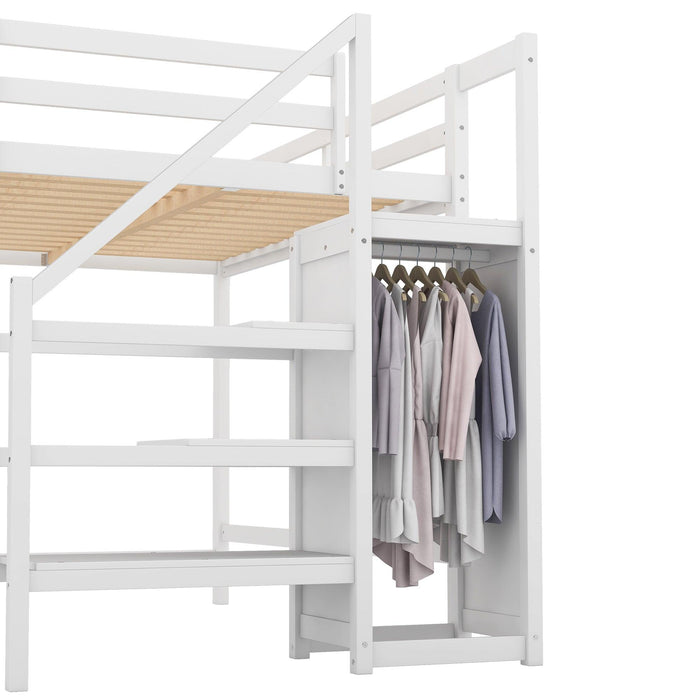 Full Size Loft Bed with Built-inStorage Wardrobe and Staircase,White