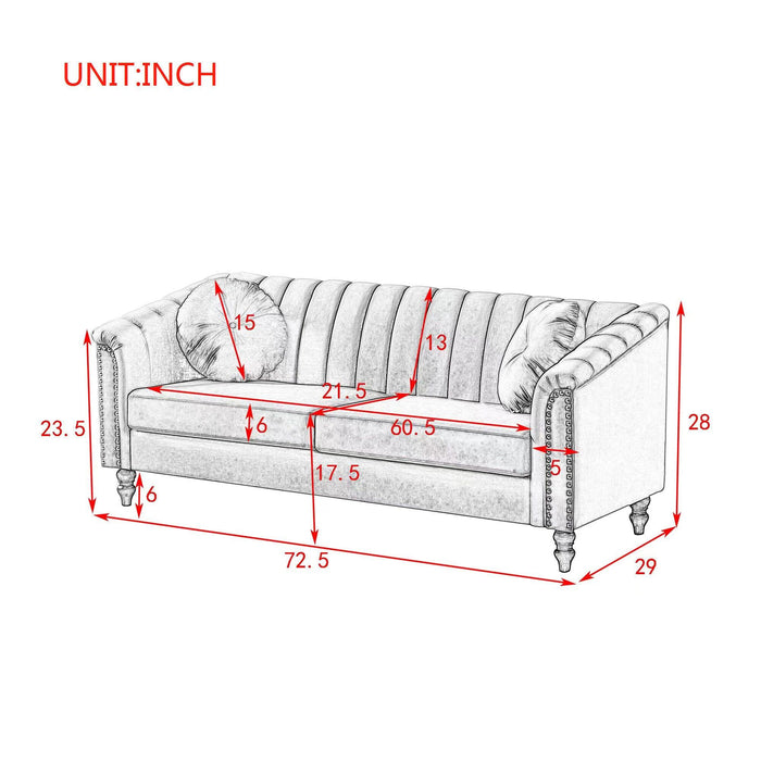 MHModern Velvet Upholstered Sofa Couch, 3 Seat Tufted Back with Nail Arms with 2 pillows, Solid wood Legs, Sleeper Sofa for Living Room, Compact Living Space, Apartment, Bonus Room