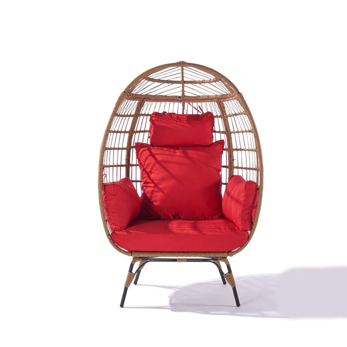 Wicker Egg Chair, Oversized Indoor Outdoor Lounger for Patio, Backyard, Living Room w/ 5 Cushions, Steel Frame, 440lb Capacity - Red