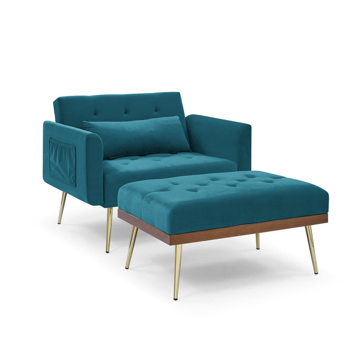 Recline Sofa Chair with Ottoman, Two Arm Pocket and Wood Frame include 1 Pillow, Teal (40.5”x33”x32”)