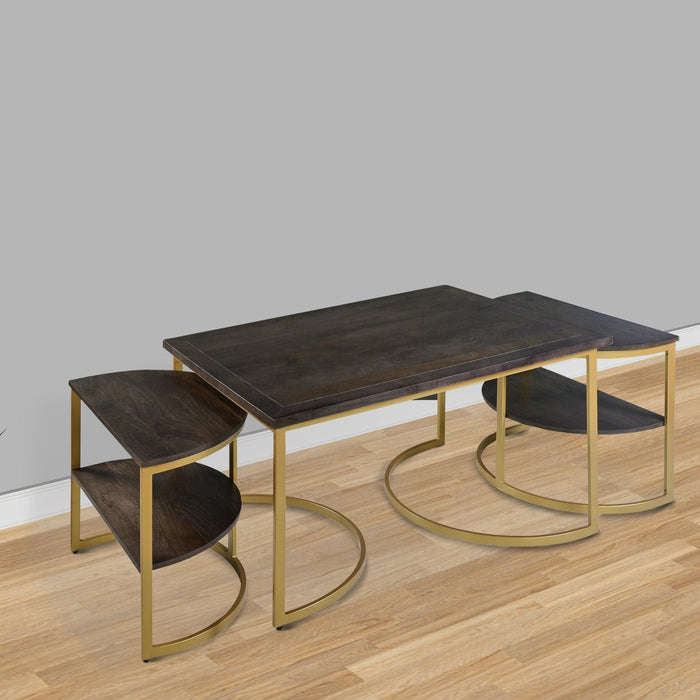 38 Inch Rectangle Metal Nesting Coffee Table - 3 pcs set, Dark Brown, Gold