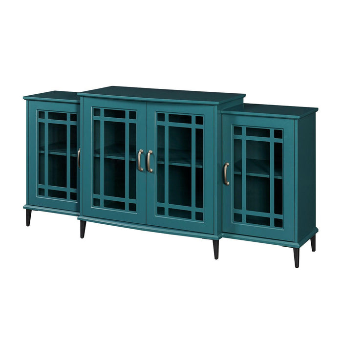 62” TV Stand,Storage Buffet Cabinet, Sideboard with Glass Door and Adjustable Shelves, Console Table for Dining Living Room Cupboard, Teal Blue