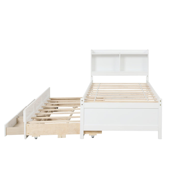 Twin Bed with Bookcase,Twin Trundle,Drawers,White