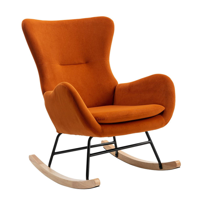 Velvet Fabric Padded Seat Rocking Chair With High Backrest And Armrests