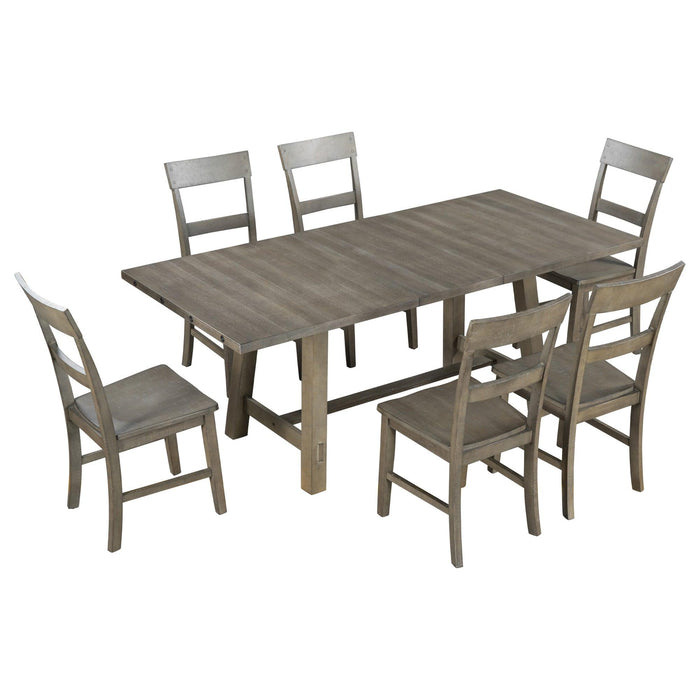 Retro Industrial Style 7-Piece Dining Table Set Extendable Table with 18” Leaf and Six Wood Chairs 
(Gray)