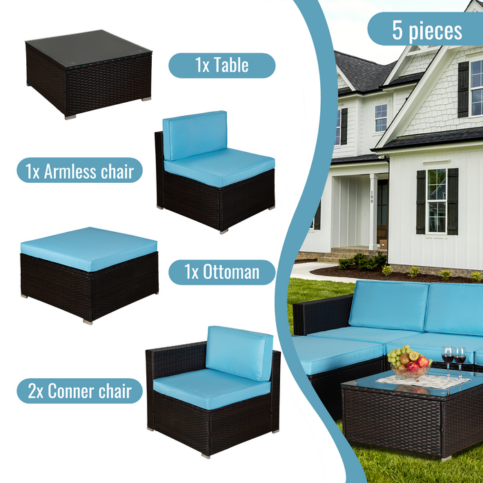 Outdoor Garden Patio Furniture 5-Piece Brown PE Rattan Wicker Sectional Blue Cushioned Sofa Sets