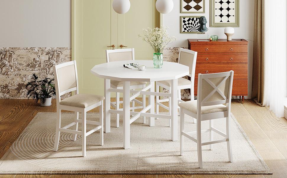 5-Piece Rubber Wood Counter Height Dining Table Set, Irregular Table with 4 High-back Cushioned Chairs for Small Place, White