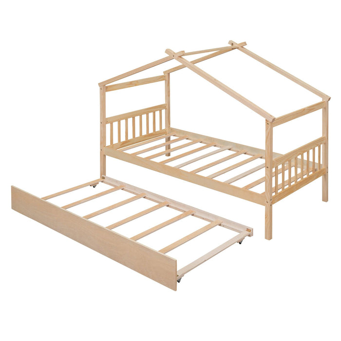 Twin Size Wooden House Bed with Twin Size Trundle, Natural