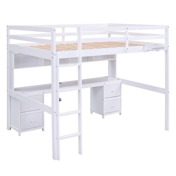 Full Size Loft Bed with Desk, Cabinets, Drawers and Bedside Tray, Charging Station, White