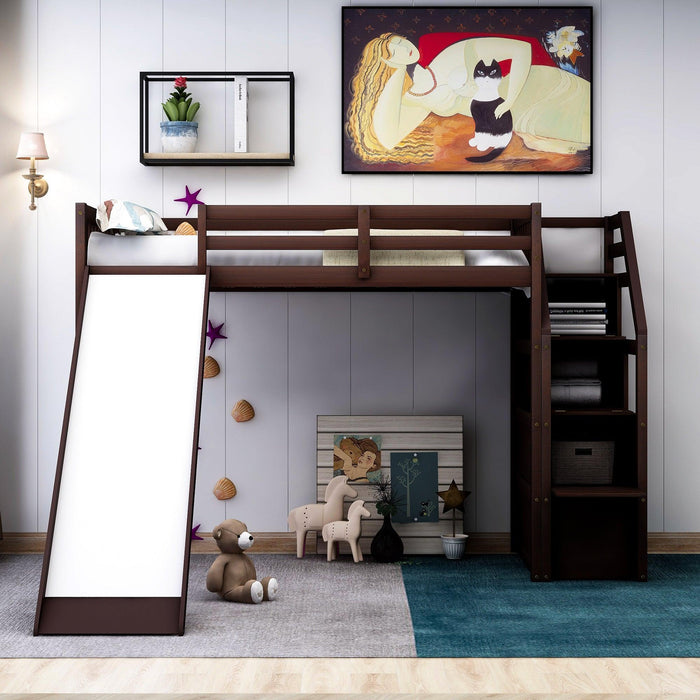 Twin Size Loft Bed withStorage and Slide, Espresso