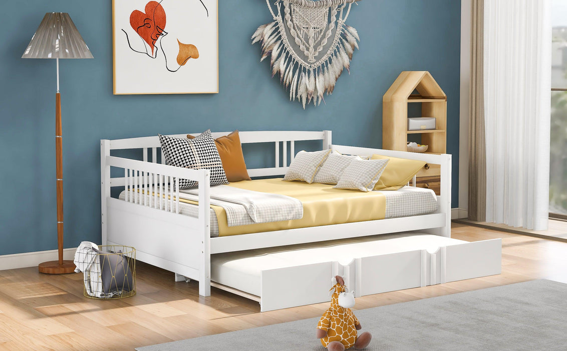 Full Size Daybed Wood Bed with Twin Size Trundle,White