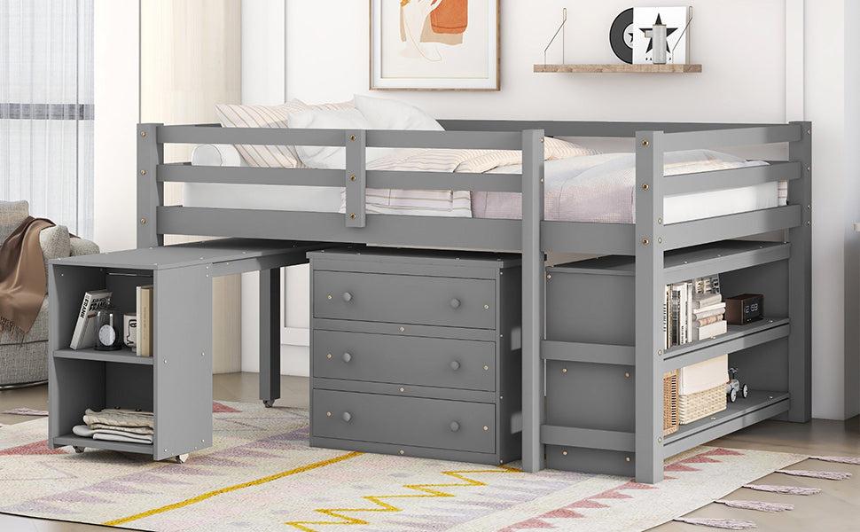 Low Study Full Loft Bed with Cabinet ,Shelves and Rolling Portable Desk ,Multiple Functions Bed- Gray