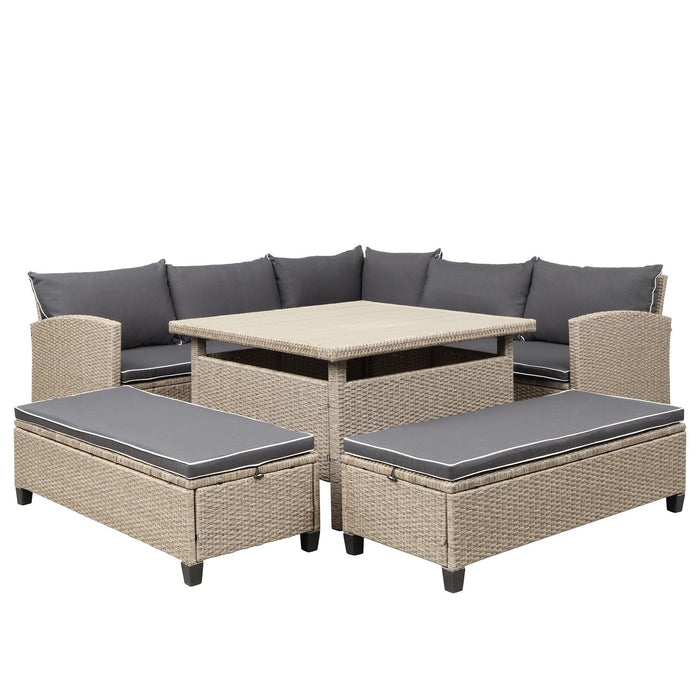 6-Piece Patio Furniture Set Outdoor Wicker Rattan Sectional Sofa with Table and Benches for Backyard, Garden, Poolside