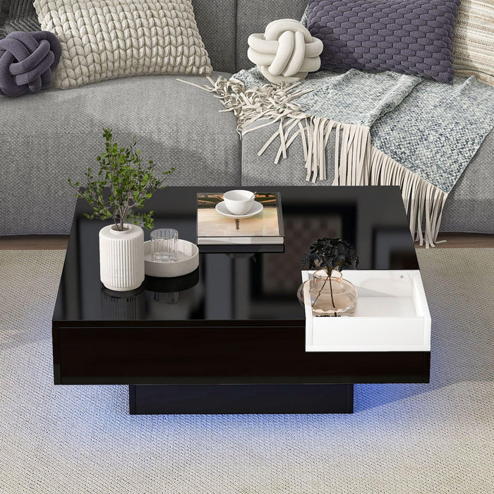 Modern Minimalist Design 31.5*31.5in Square Coffee Table with Detachable Tray and Plug-in 16-color LED Strip Lights Remote Control for Living Room