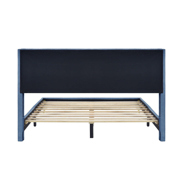 Queen Size Corduroy Platform Bed with Metal Legs, Blue