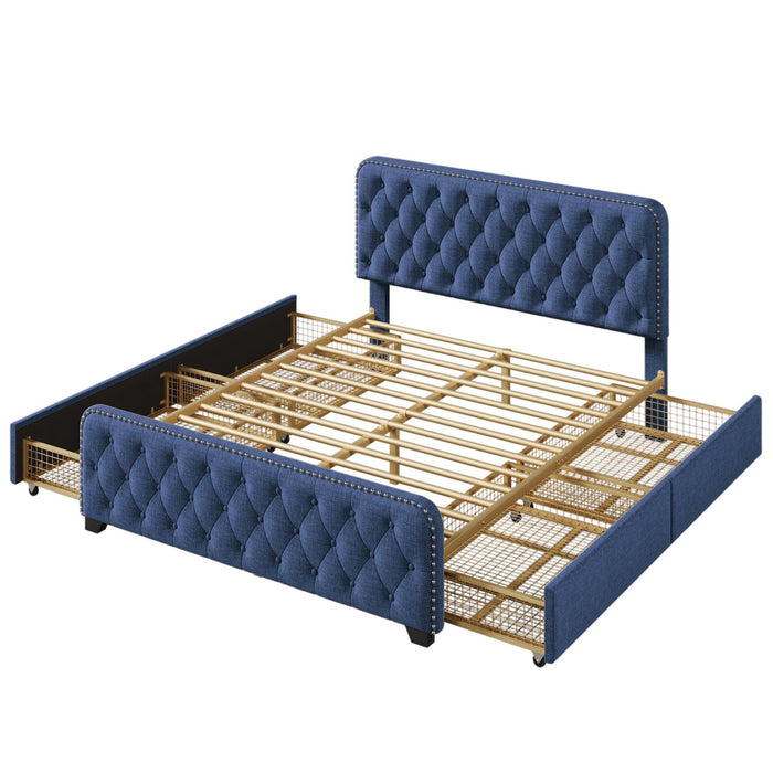 Upholstered Platform Bed Frame with Four Drawers, Button Tufted Headboard and Footboard Sturdy Metal Support, No Box Spring Required, Blue, Queen