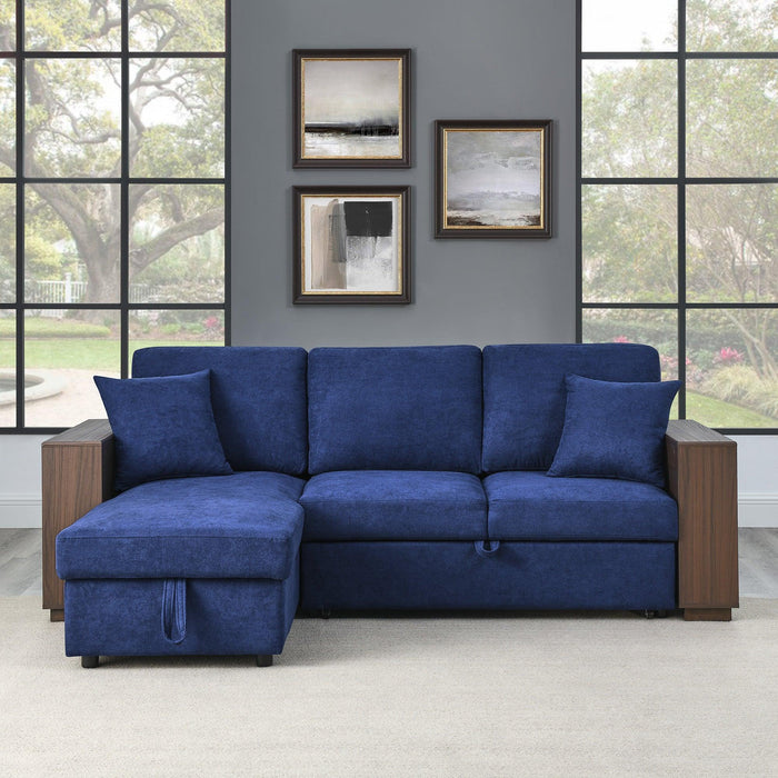 Sectional Sofa with Pulled Out Bed, 2 Seats Sofa and Reversible Chaise withStorage, MDF Shelf Armrest, Two Pillows, Navy Blue, (88" x52" x 34")