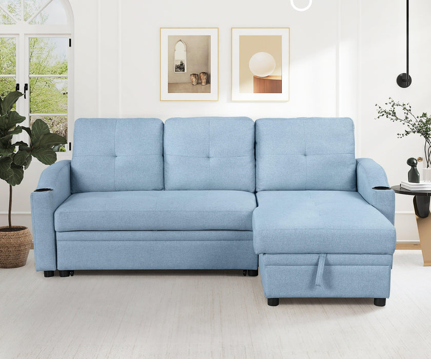 80.3"  Pull Out Sofa BedModern Padded Upholstered Sofa Bed , Linen Fabric 3 Seater Couch withStorage Chaise and Cup Holder , Small Couch for Small Spaces