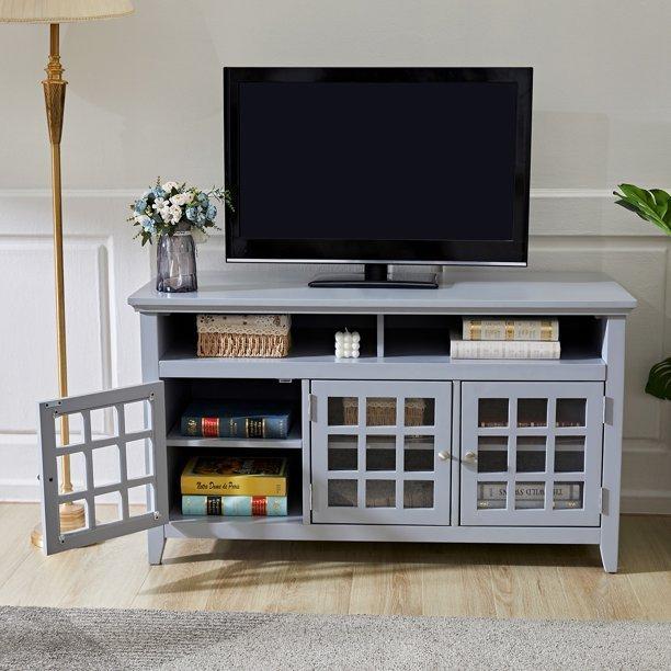 48 INCH TV Stand， TV Stands & Entertainment Centers with 3-Door Cabinet