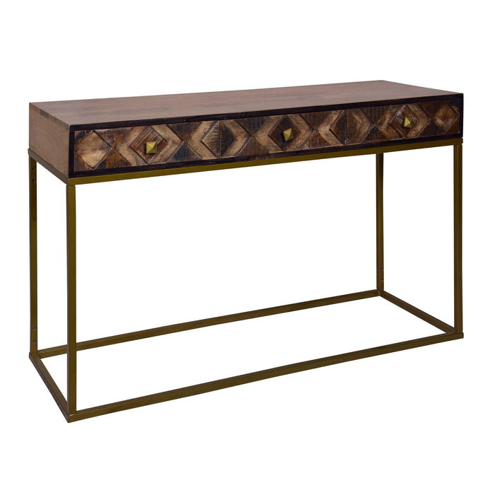 51 Inch 3 Drawer ManWood Console Table, Diamond Textured Panels, Metal Frame, Brown