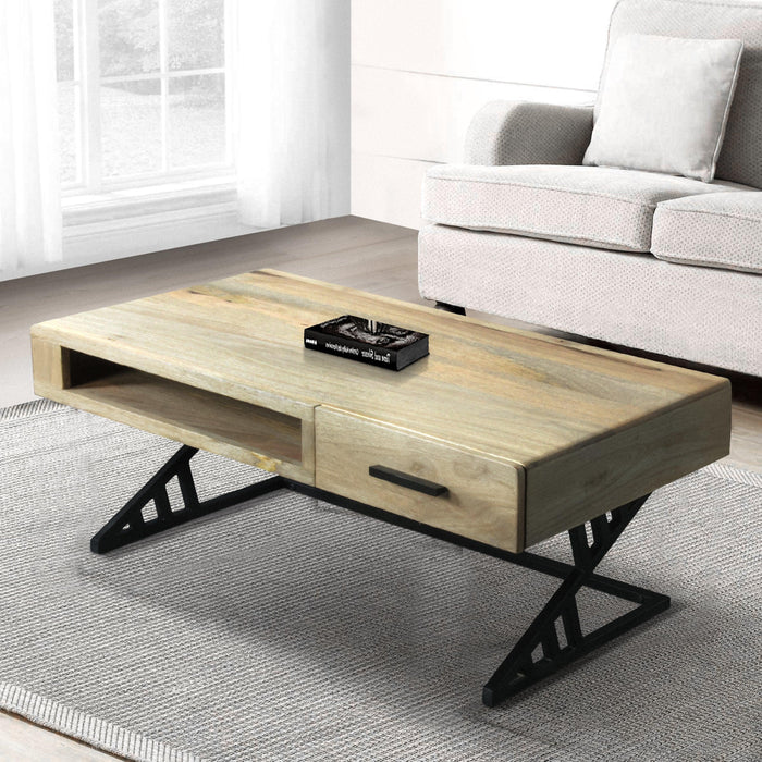 40 Inch Handcrafted Industrial ManWood Coffee Table, 1 Drawer, Metal Frame, Light Brown and Black